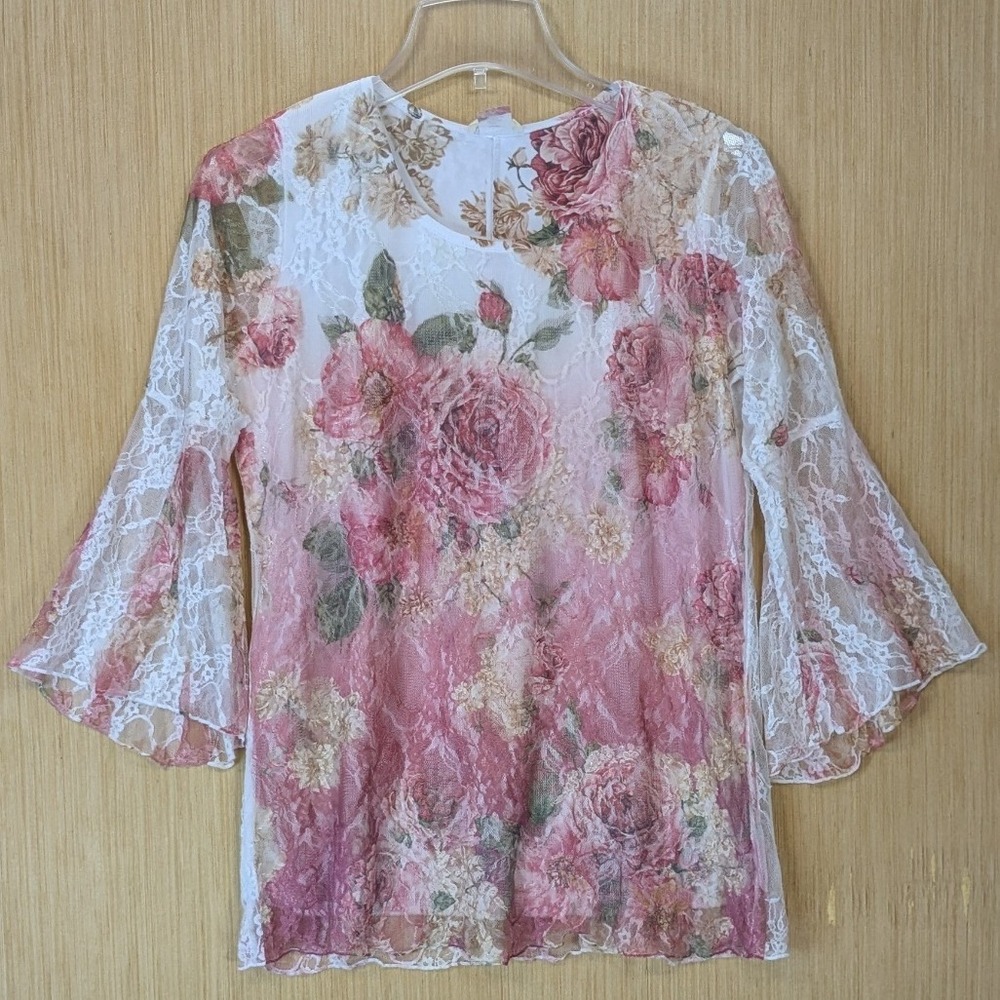Vintage 90s Cottage Romantic Rose Floral Mesh Top Size S Pink White Bell Sleeve